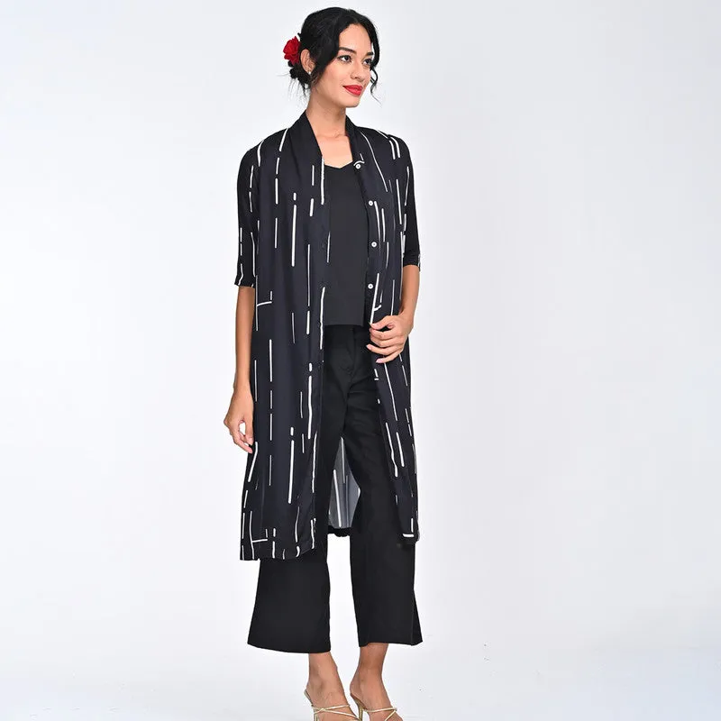 Modal Printed Co Ord Set For Women | Shirt, Top & Pant | Draped Neck | Black