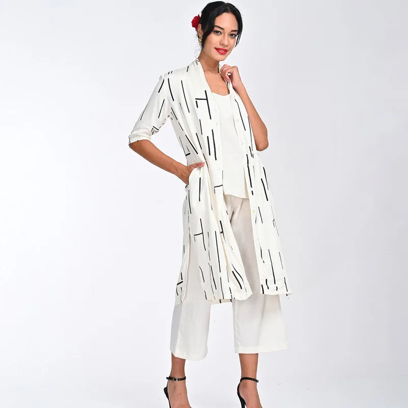 Modal Printed Co Ord Set For Women | Shirt, Top & Pant | Draped Neck | Off White