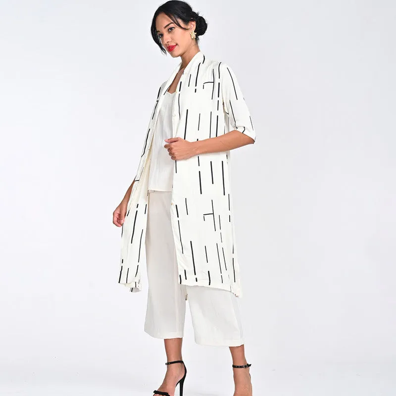 Modal Printed Co Ord Set For Women | Shirt, Top & Pant | Draped Neck | Off White