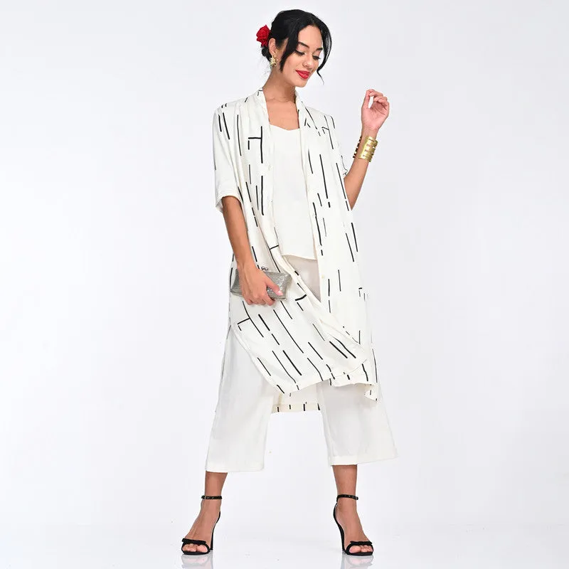 Modal Printed Co Ord Set For Women | Shirt, Top & Pant | Draped Neck | Off White