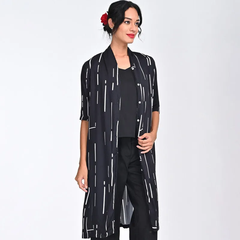 Modal Printed Shirt For Women | Draped Neck | Three-Quarter Sleeves | Black