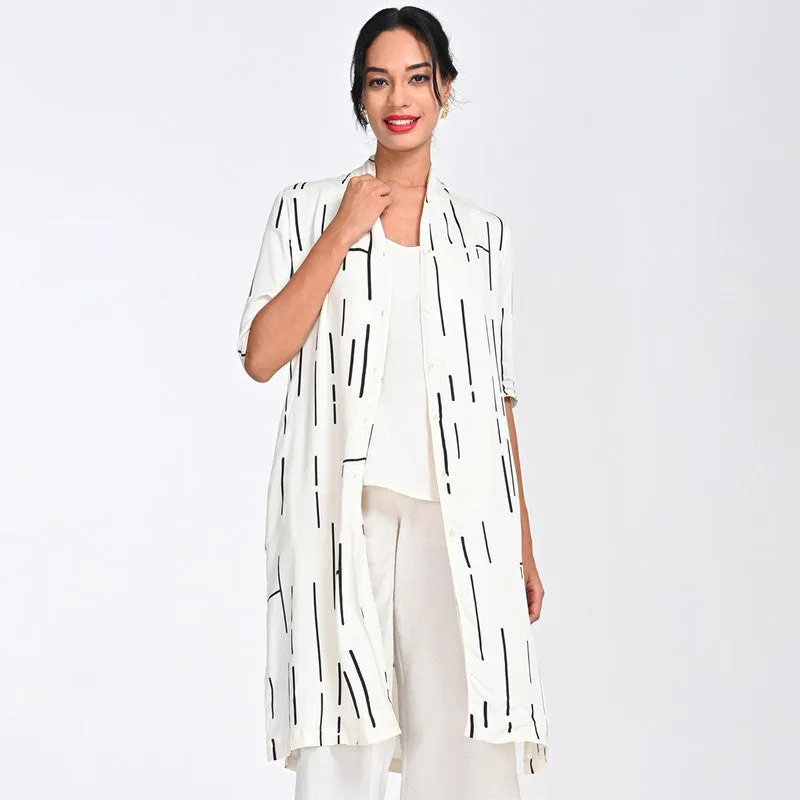 Modal Printed Shirt For Women | Draped Neck | Three-Quarter Sleeves | Off White