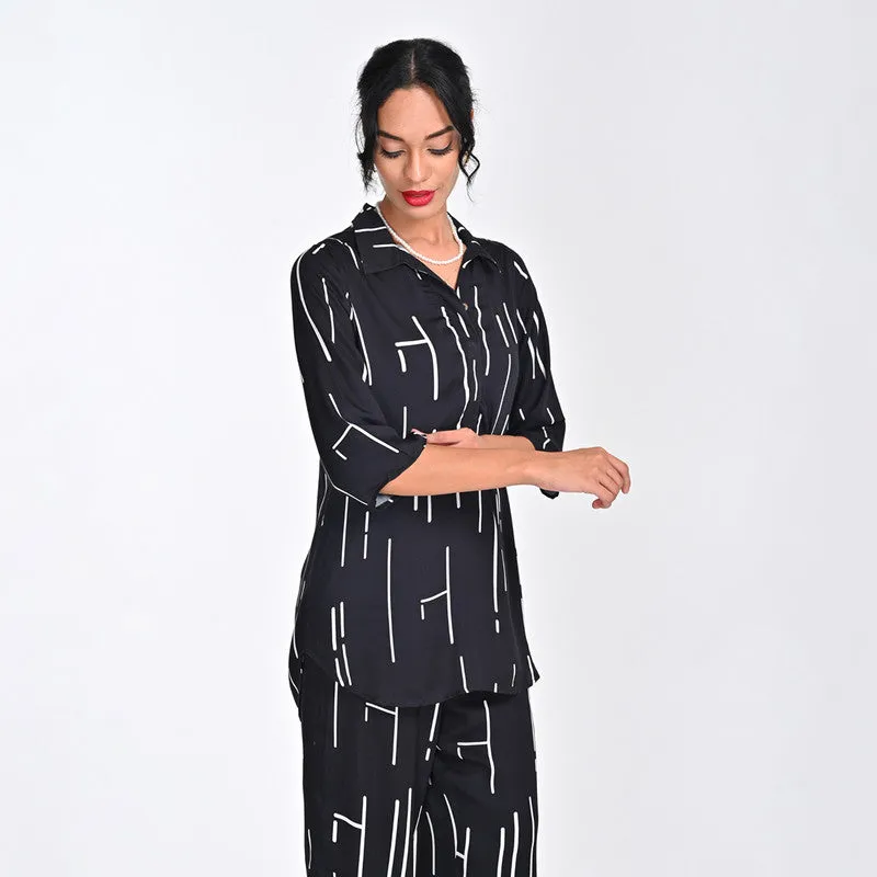 Modal Printed Tunic For Women | V Neck | Relaxed Fit | Black