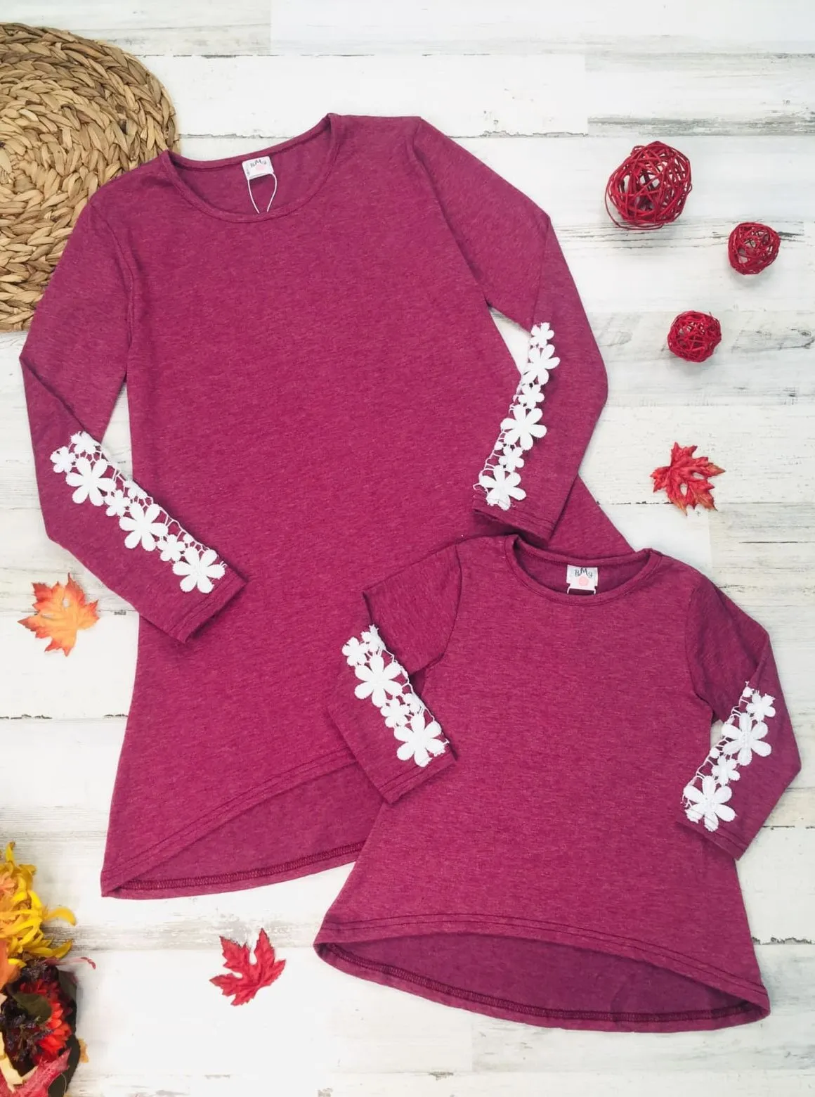 Mommy and Me Fuchsia Long Sleeve Hi-Lo Flower Trim Tunic