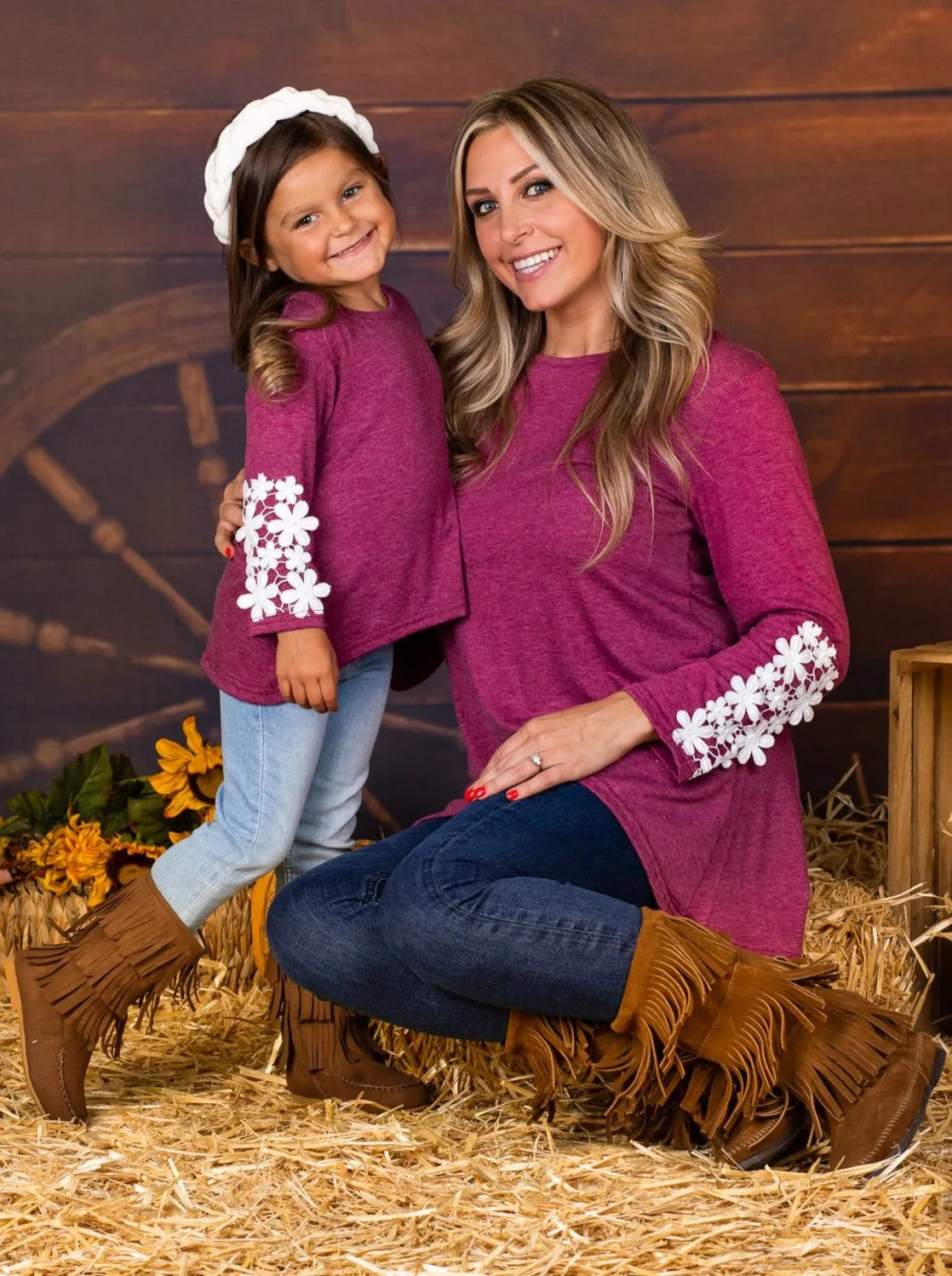 Mommy and Me Fuchsia Long Sleeve Hi-Lo Flower Trim Tunic