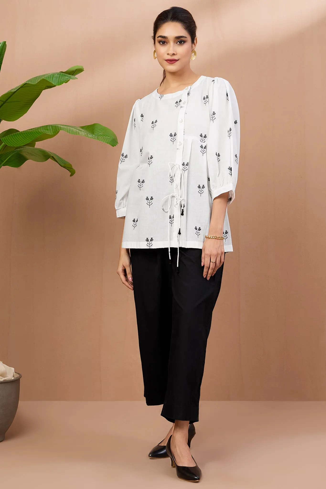 Monochrome Blooms Cotton Dori Detail Tunic