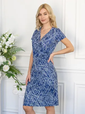 Navy Geometric Print Knee Length Short Sleeve Faux Wrap Dress