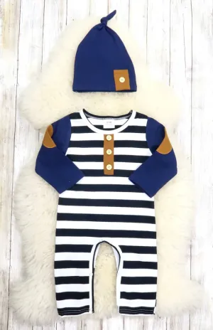 Navy Striped romper & hat