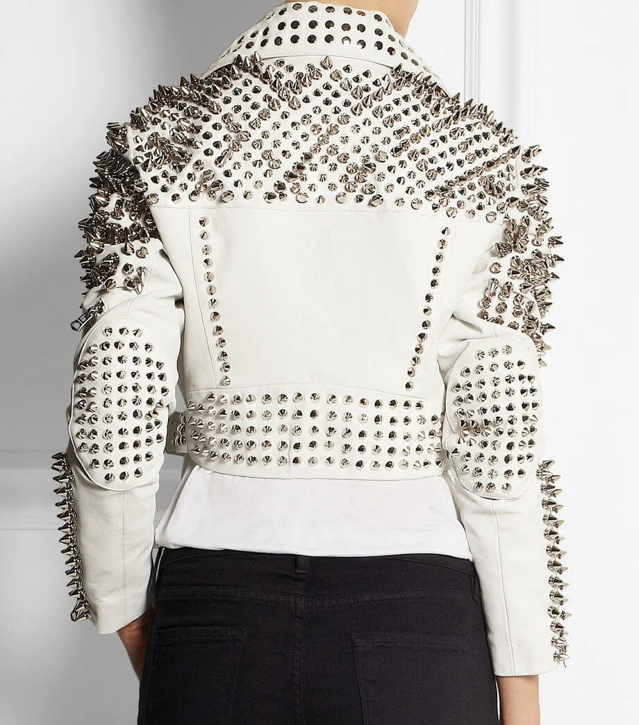 New Woman Full White Punk Brando Spiked Studded Leather Jacket