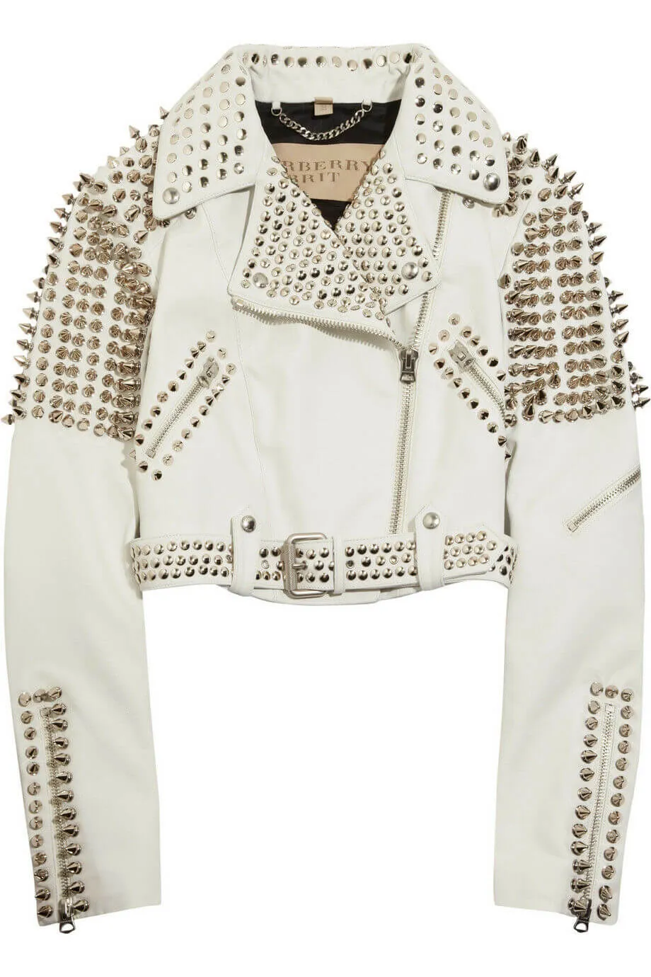 New Woman Full White Punk Brando Spiked Studded Leather Jacket