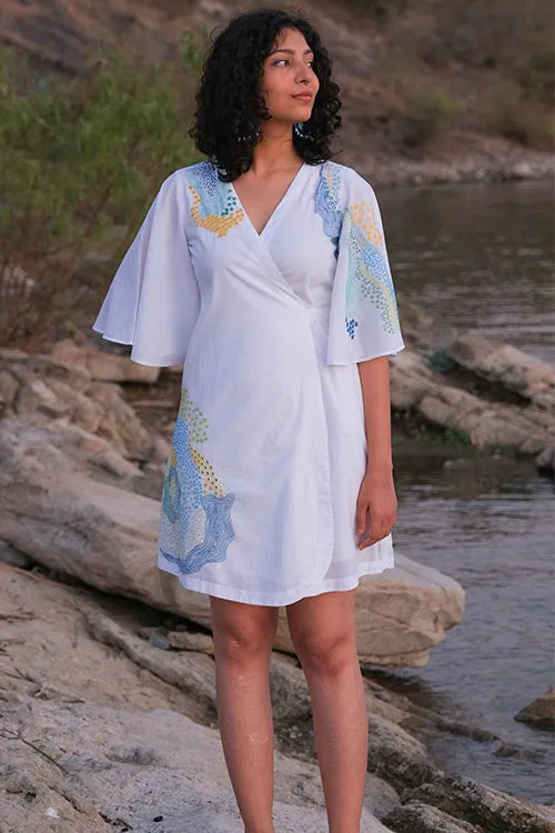 Okhai 'Pool' Pure Cotton Hand Embroidered Mirror Work Wrap Dress