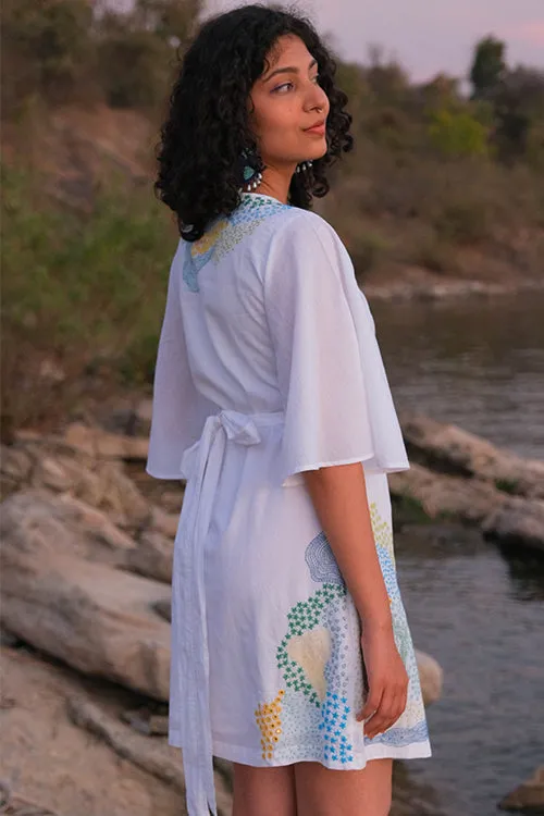 Okhai 'Pool' Pure Cotton Hand Embroidered Mirror Work Wrap Dress