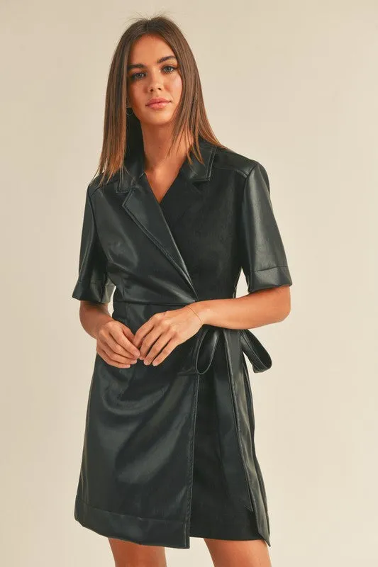 Onyx Vegan Leather Wrap Dress