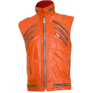 Orange Sleeveless Leather Jacket for Men