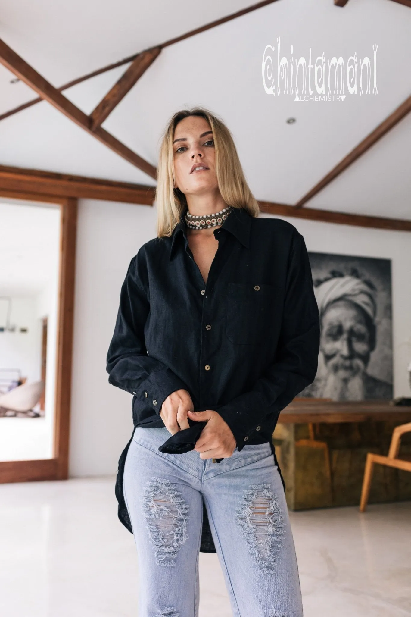 Oversized Linen & Silk Button Shirt for Women / Black