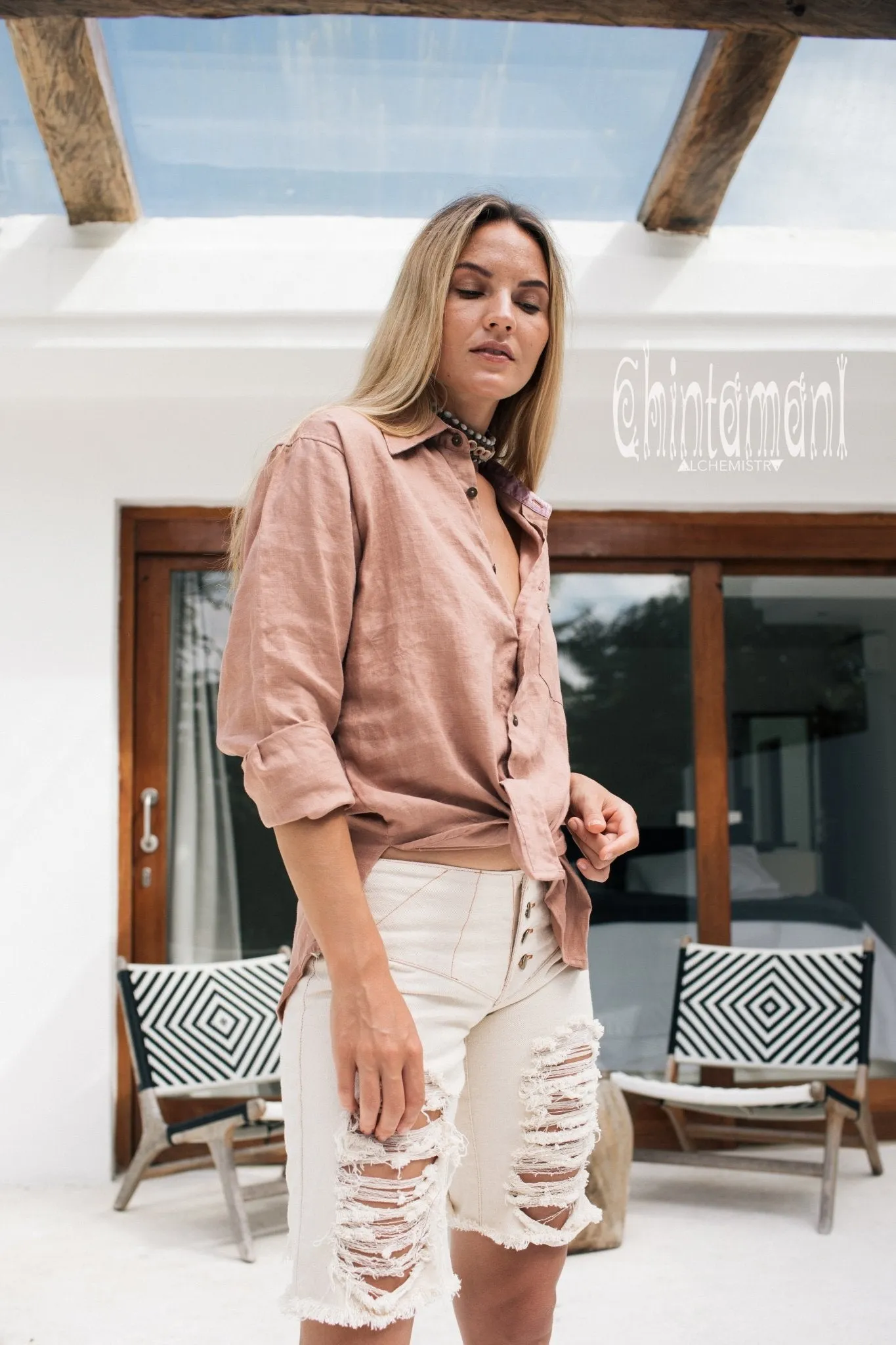 Oversized Linen & Silk Button Shirt for Women / Dusty Rose