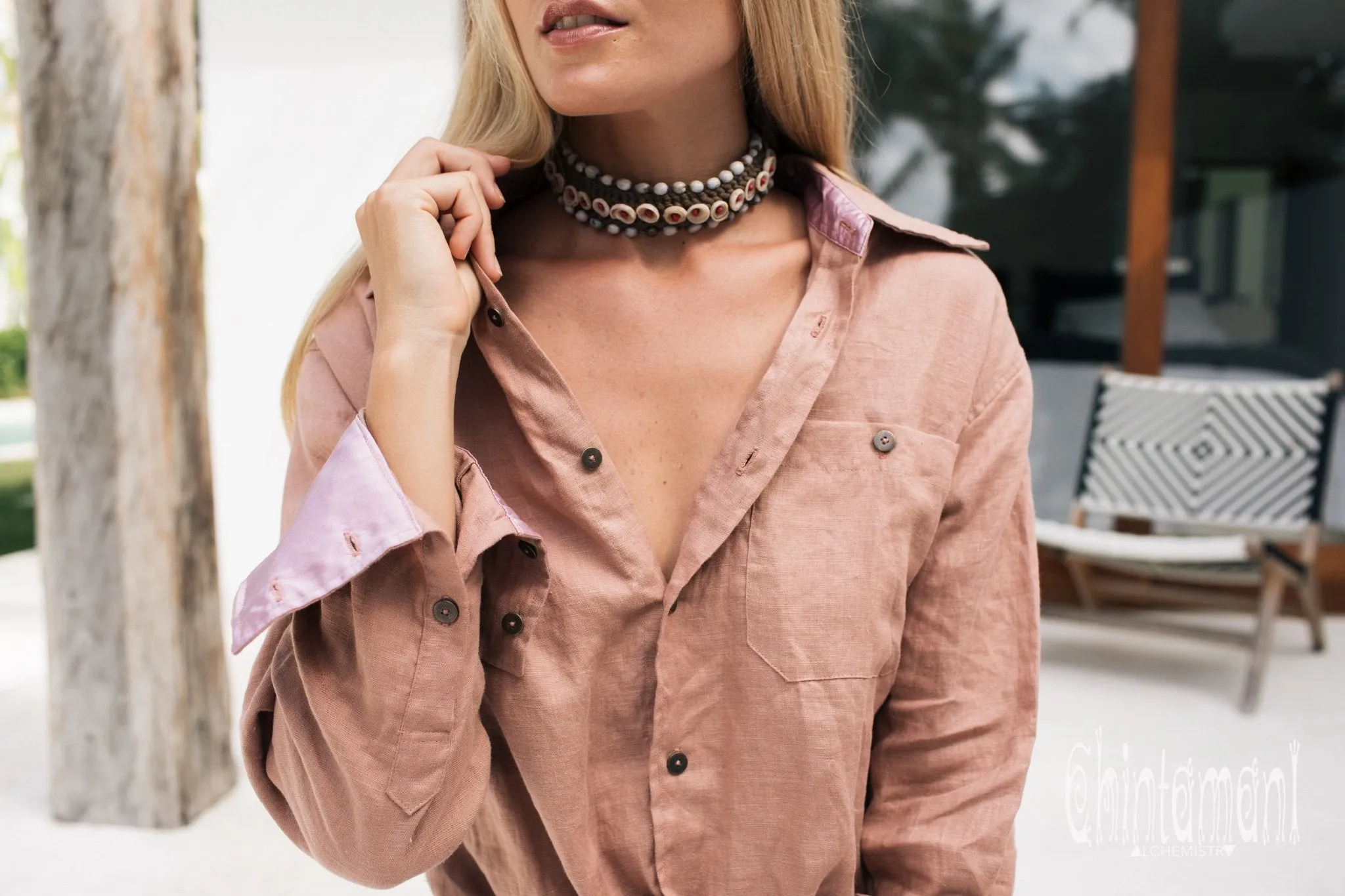 Oversized Linen & Silk Button Shirt for Women / Dusty Rose