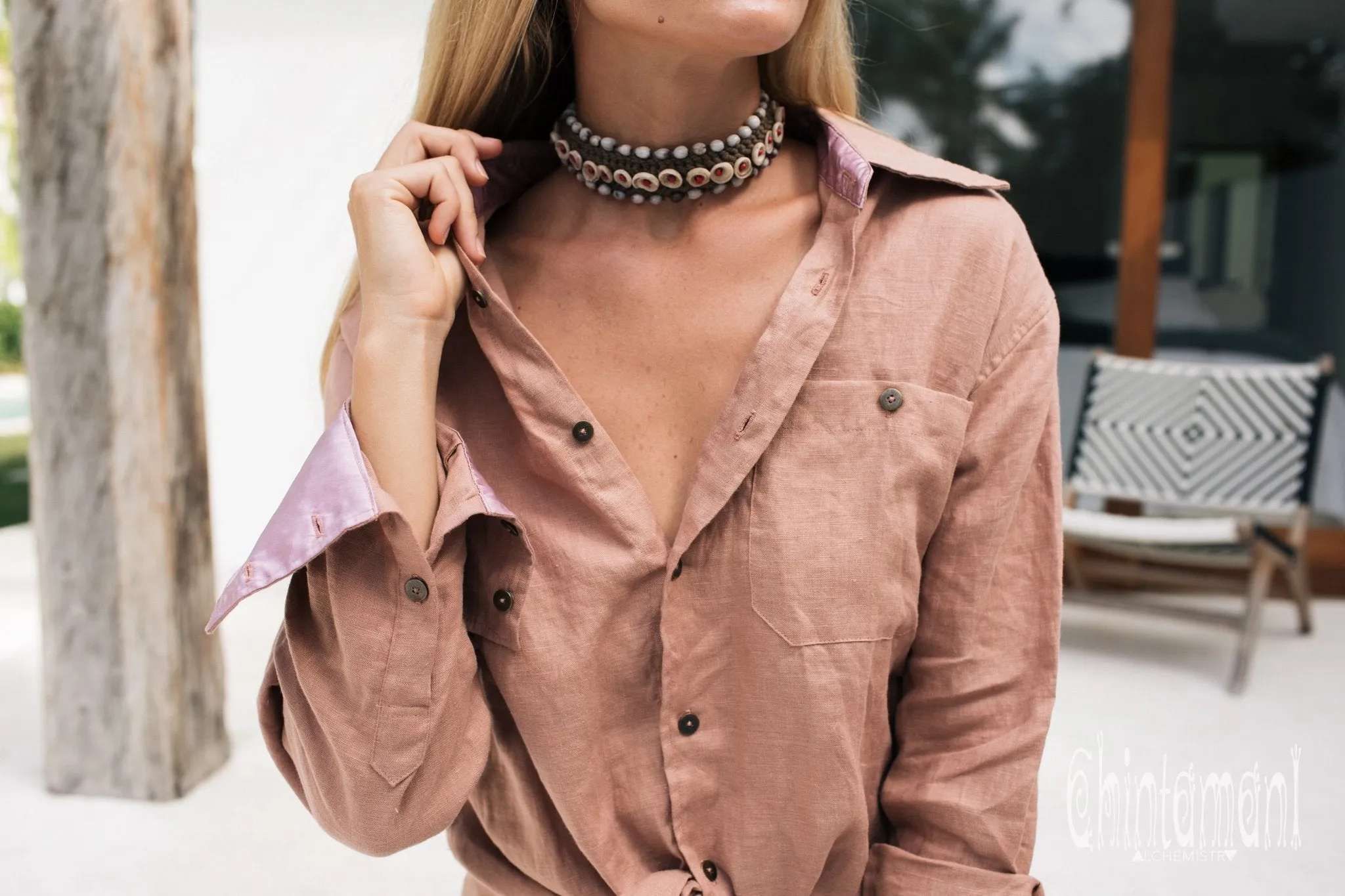 Oversized Linen & Silk Button Shirt for Women / Dusty Rose