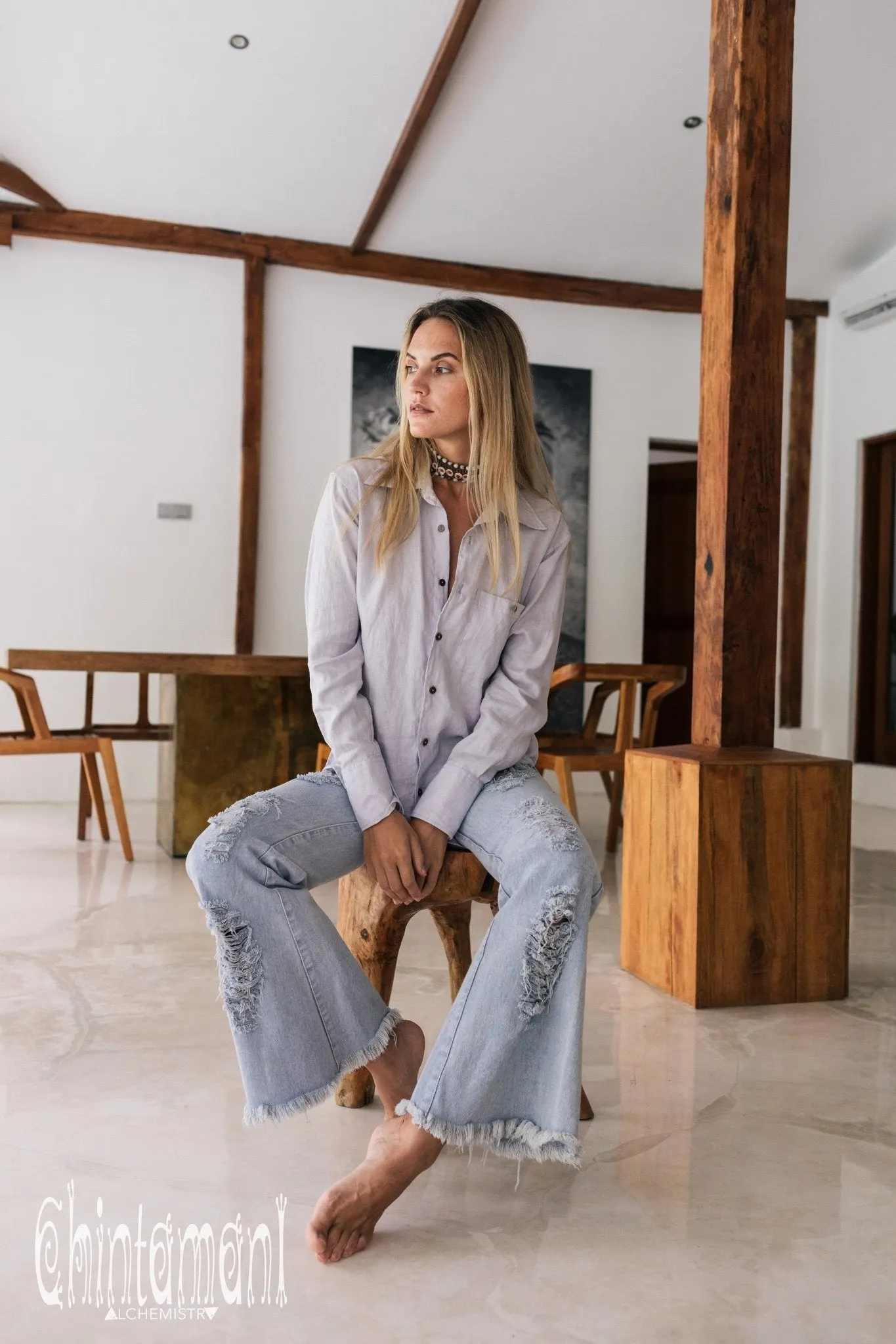 Oversized Linen & Silk Button Shirt for Women / Gray