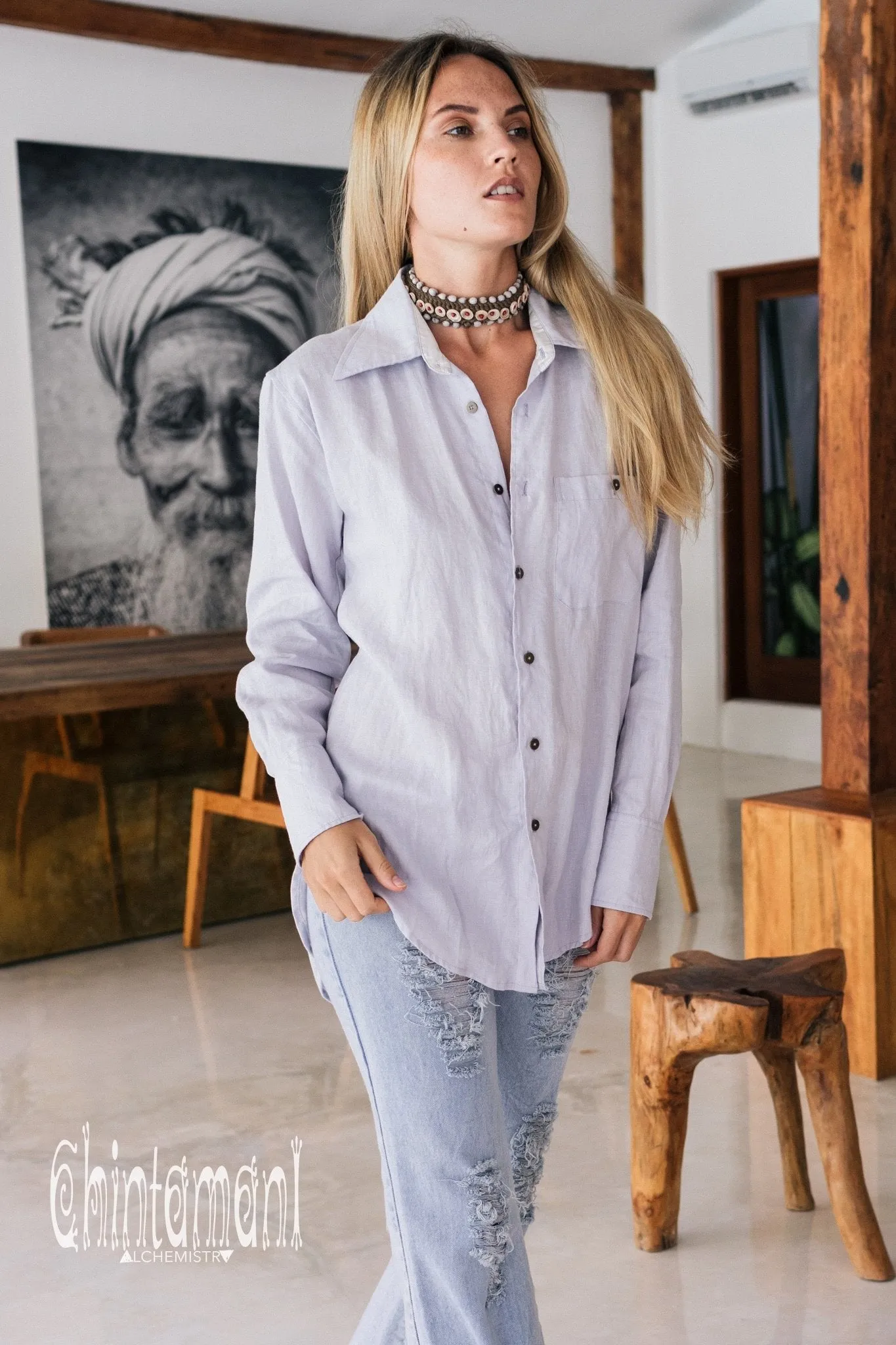 Oversized Linen & Silk Button Shirt for Women / Gray