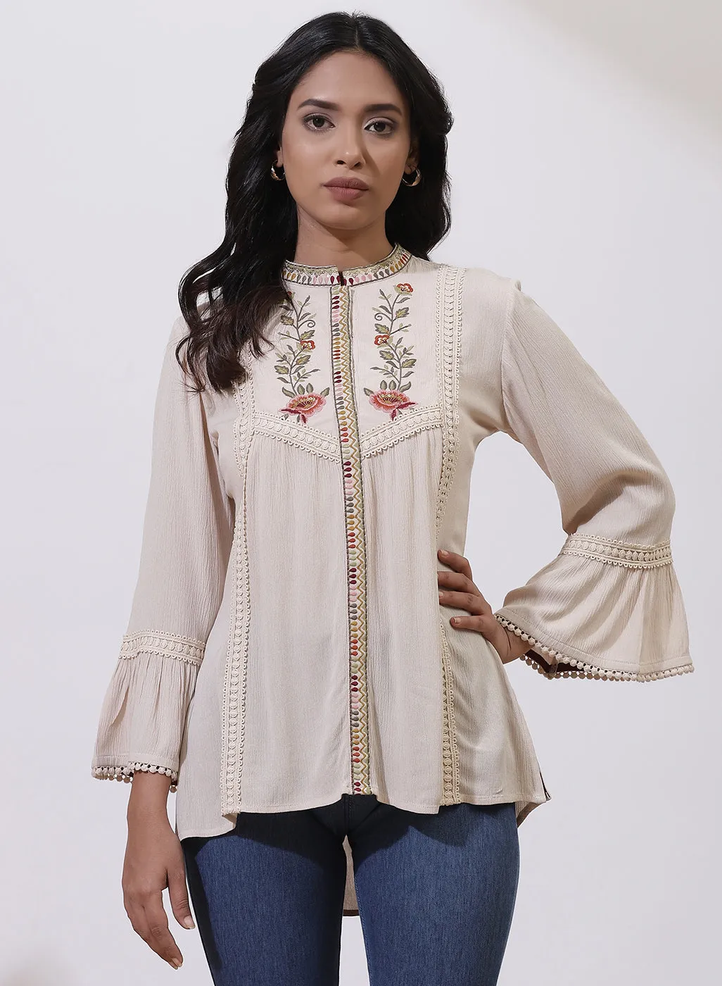 Pearl White Floral Embroidered Nargis Tunic