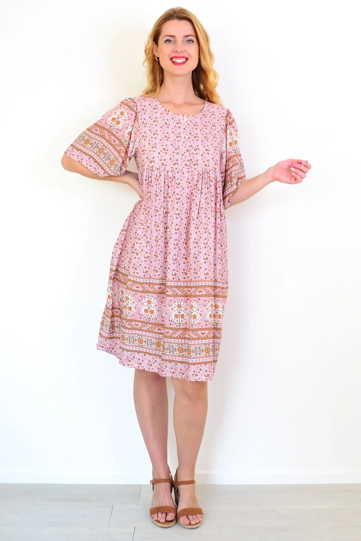 Pink Brown Bell Sleeve Tunic Dress