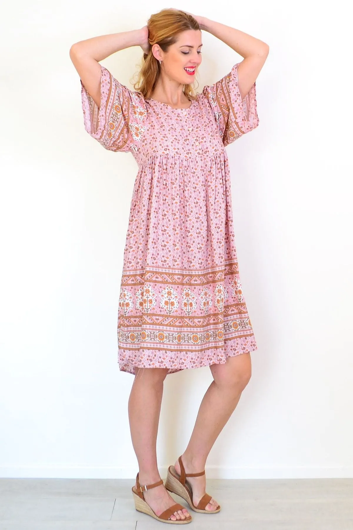 Pink Brown Bell Sleeve Tunic Dress