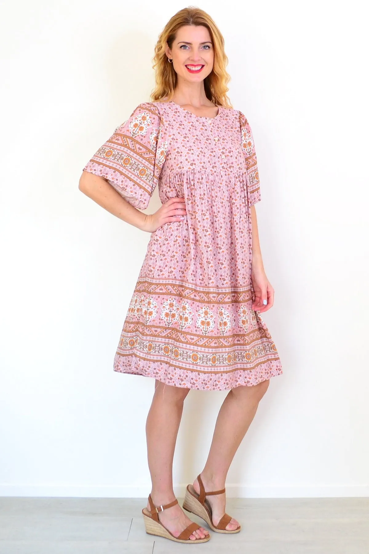 Pink Brown Bell Sleeve Tunic Dress