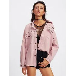 Pink drop Shoulder Frayed Hem Studded Jacket