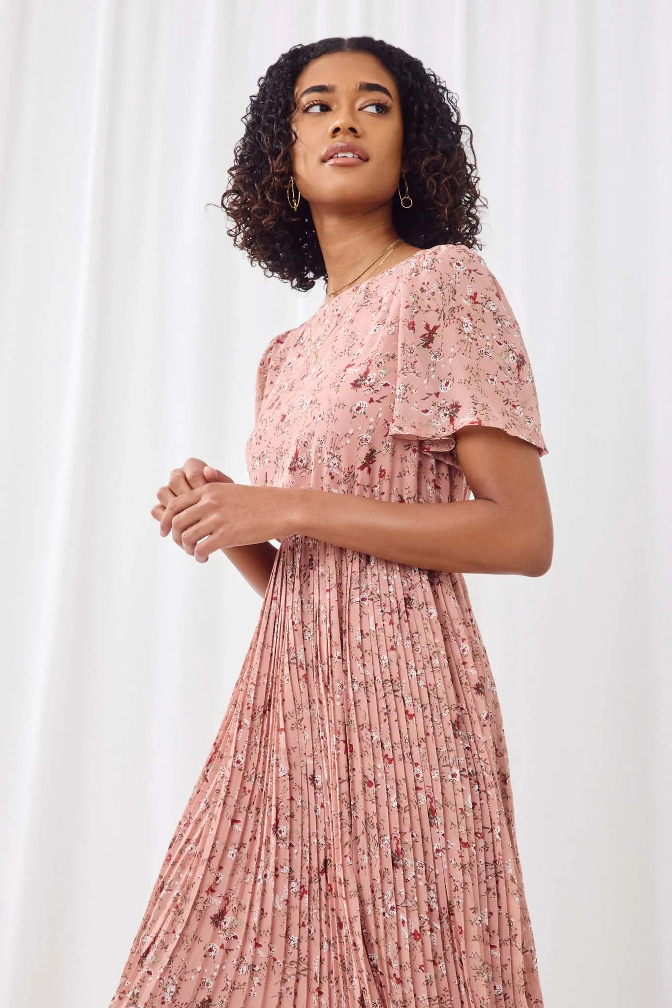 Pleated Floral Midi Dress