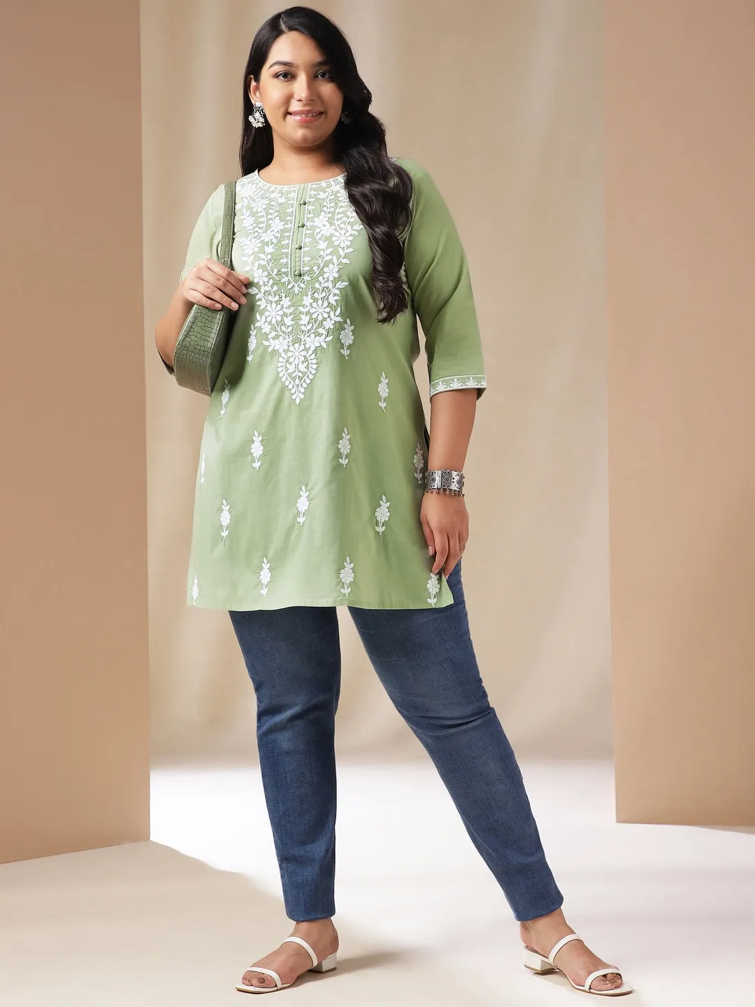 Plus Size Sage Cotton Chikankari Regular Tunic