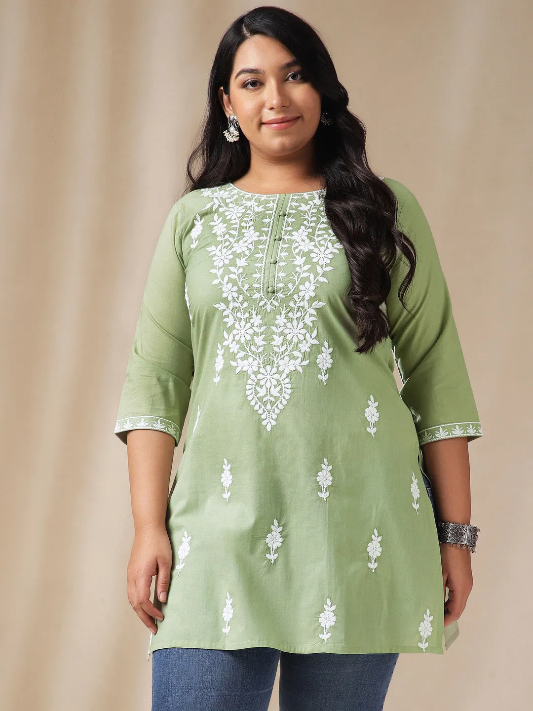 Plus Size Sage Cotton Chikankari Regular Tunic