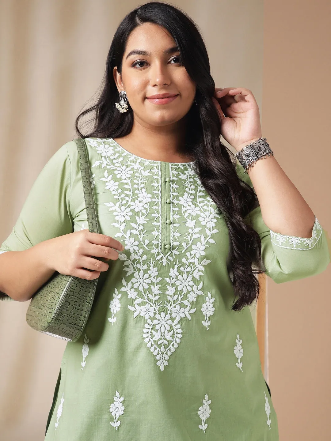 Plus Size Sage Cotton Chikankari Regular Tunic