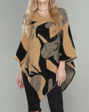 Poncho Tan/Black Abstract Print