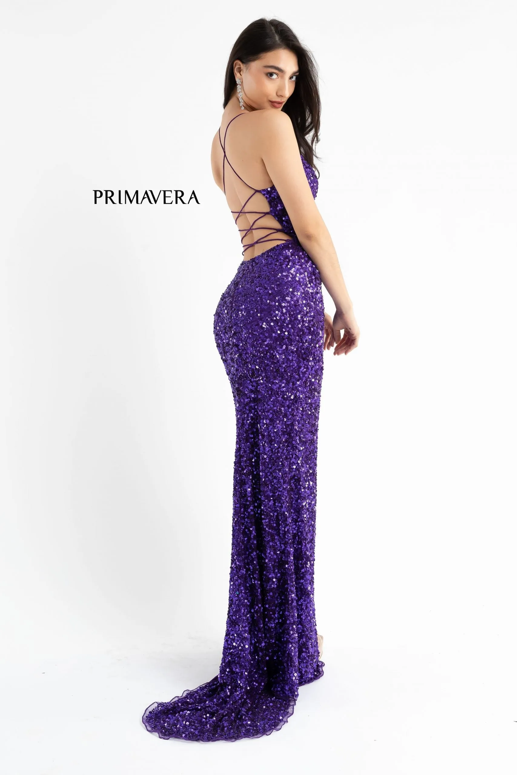 Primavera Couture 3791 Size 6 Mint Prom Dress V Neckline Sequins Lace Up Tie Back Side Slit