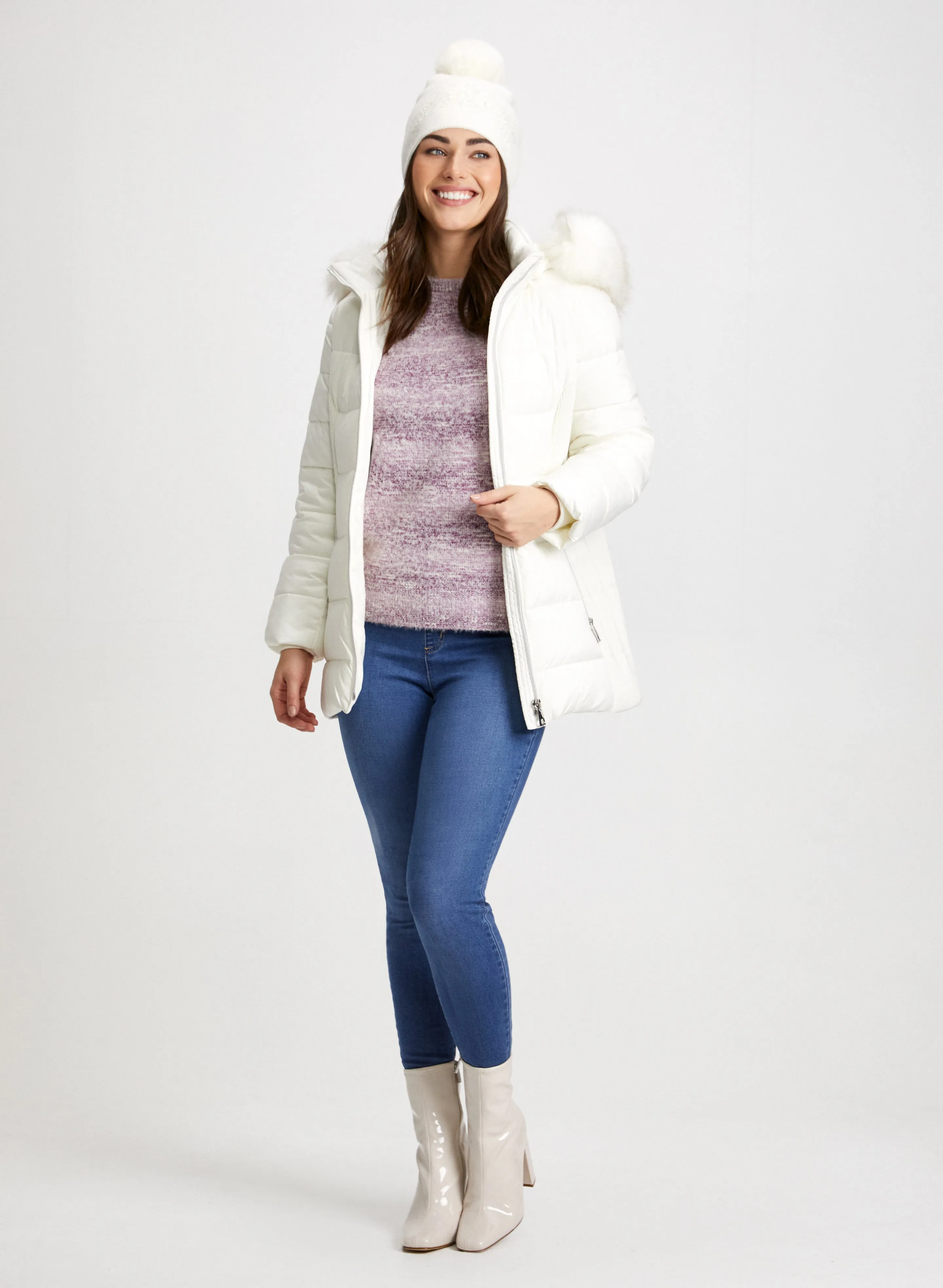 Quilted Coat, Gradient Motif Sweater & Jeans