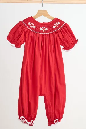 Red candy hand smocked girl romper