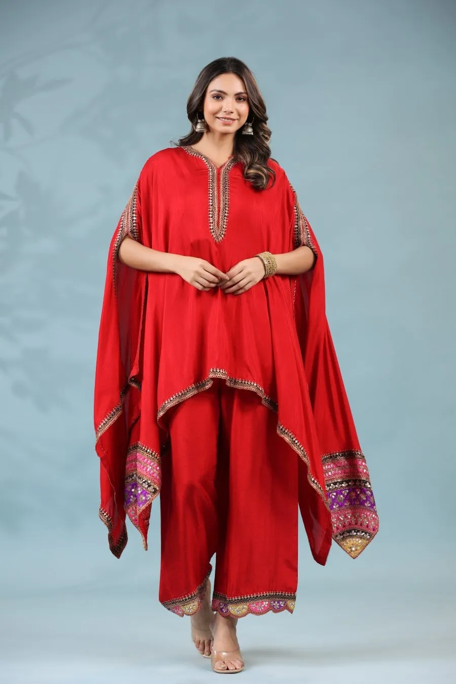 Red Zari Embroidered Asymmetrical Tunic & Pants