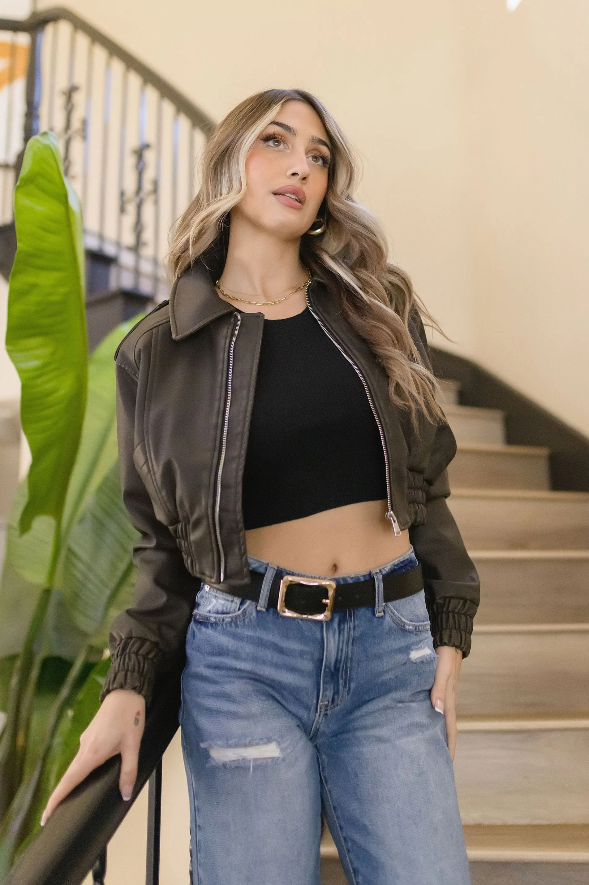 Reese Long Sleeve Vegan Leather Cropped Bomber Jacket Black