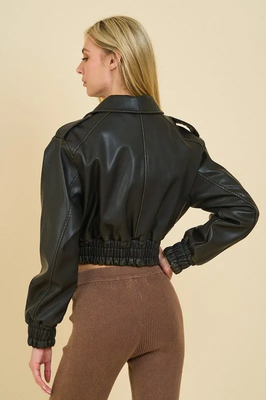 Reese Long Sleeve Vegan Leather Cropped Bomber Jacket Black