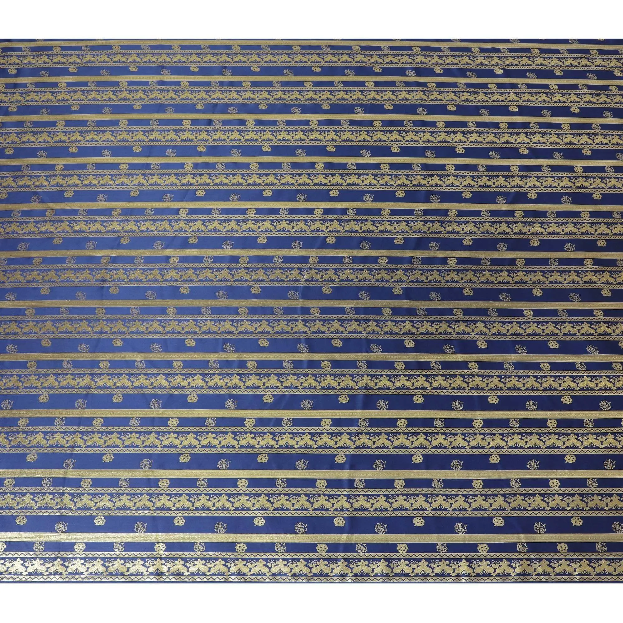 Royal blue pure silk satin fabric with same tone and gold film metallic in stripe design-D11053