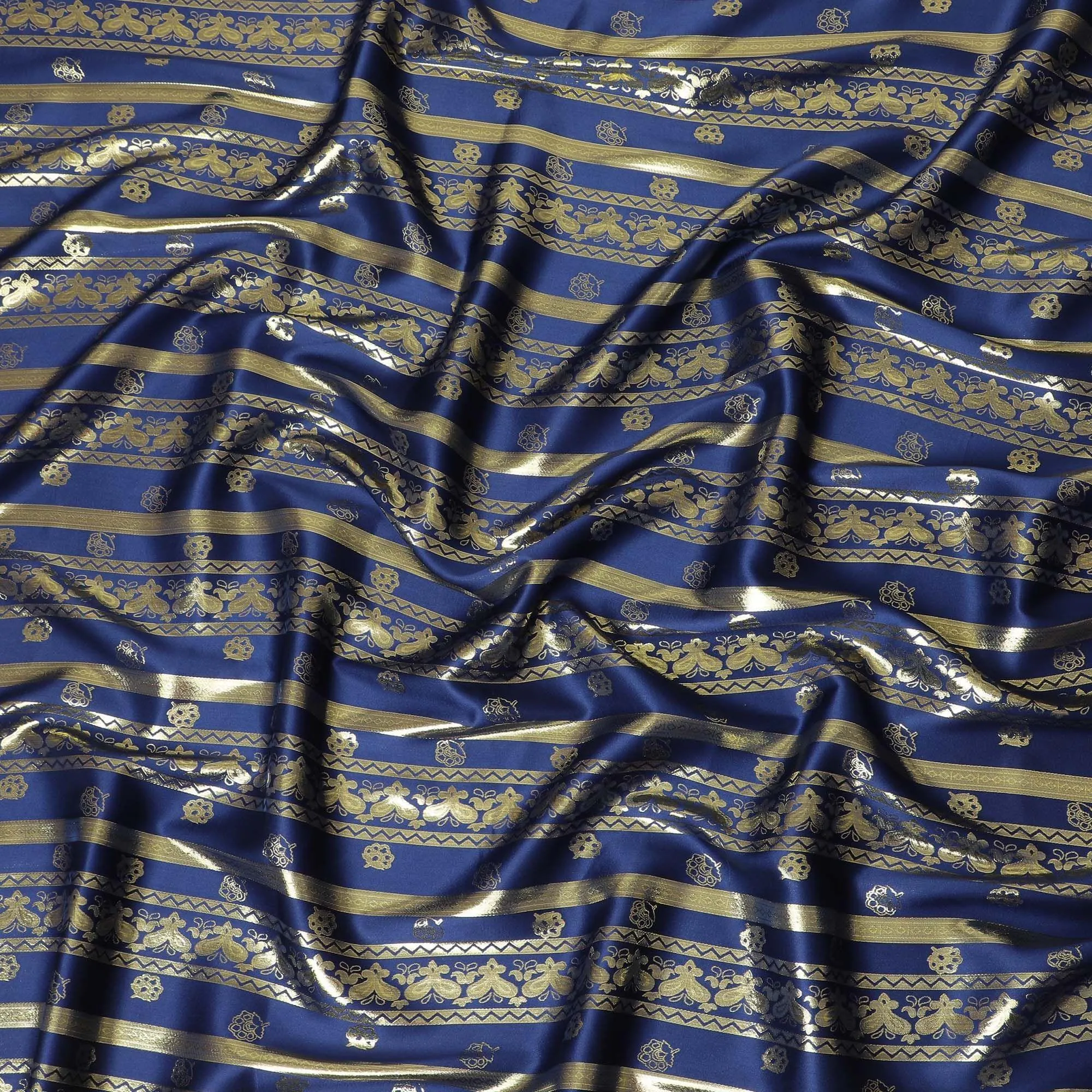 Royal blue pure silk satin fabric with same tone and gold film metallic in stripe design-D11053