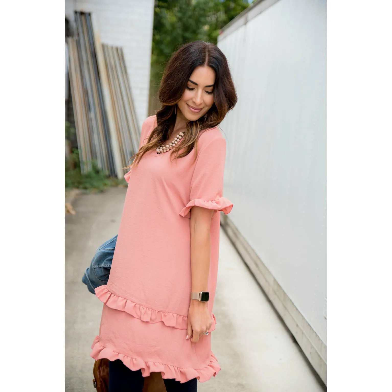 Ruffle Trim V-Neck Tunic Dress