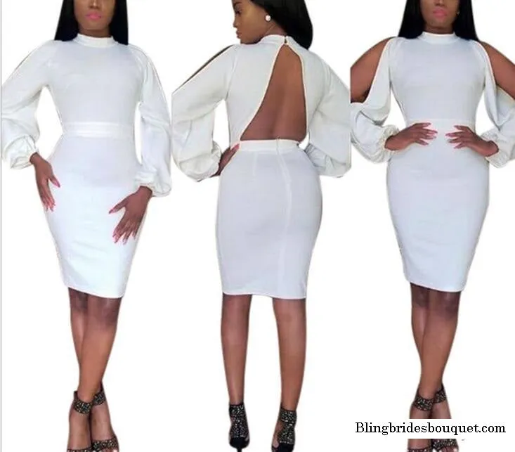 Sexy backless long sleeve  night evening club dress White party dress