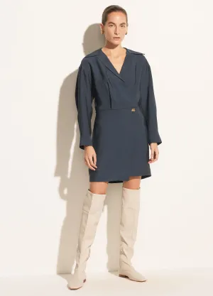 Shaped Collar Long Sleeve Wrap Dress in Dark Water