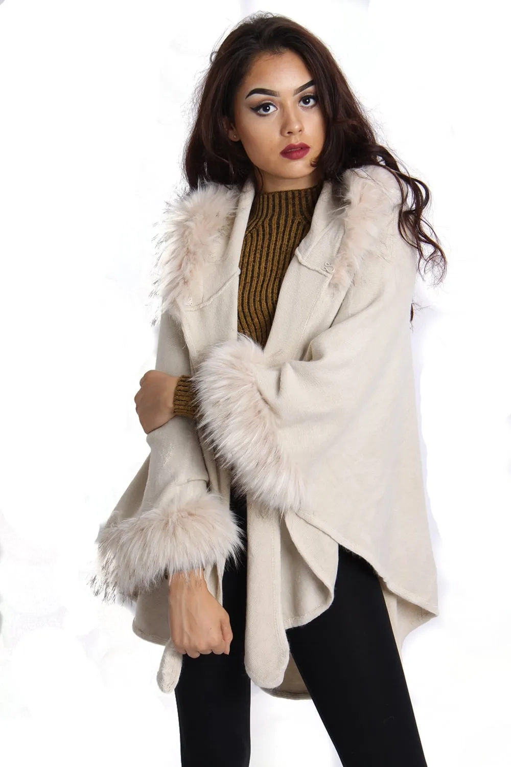 Short Poncho Cape with Faux Fur Hood Cuffs and Trim