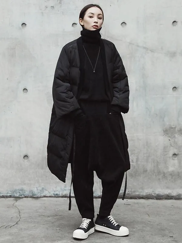 Simple Black Lace-up Cotton-padded Cloths Coat Outwear