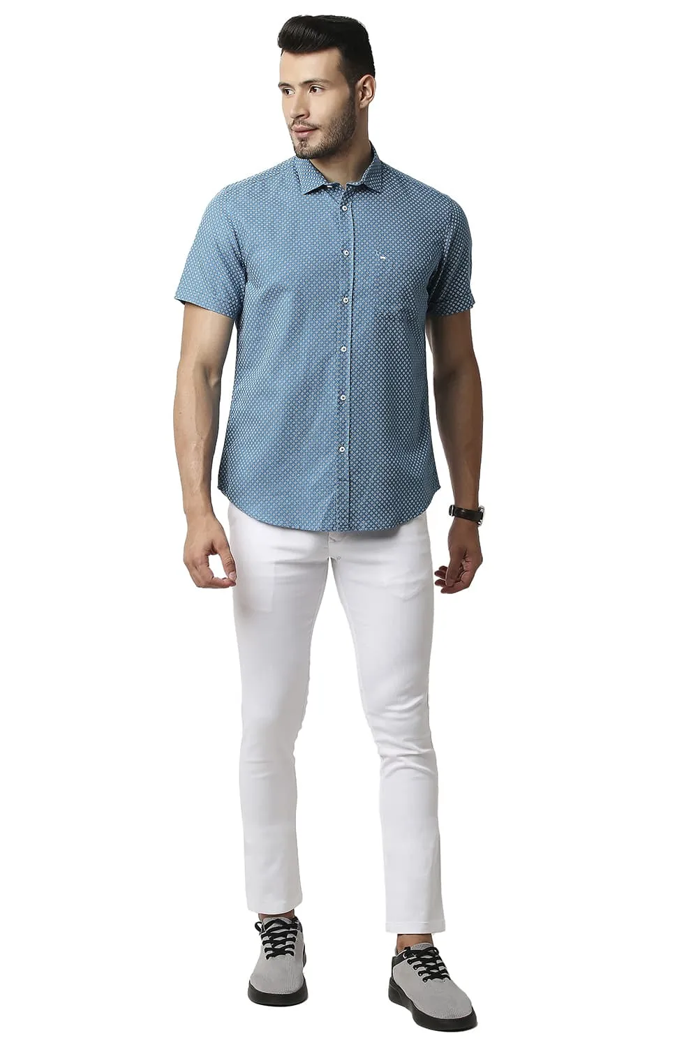 Slim Fit Cotton Linen Printed Halfsleeves Shirt