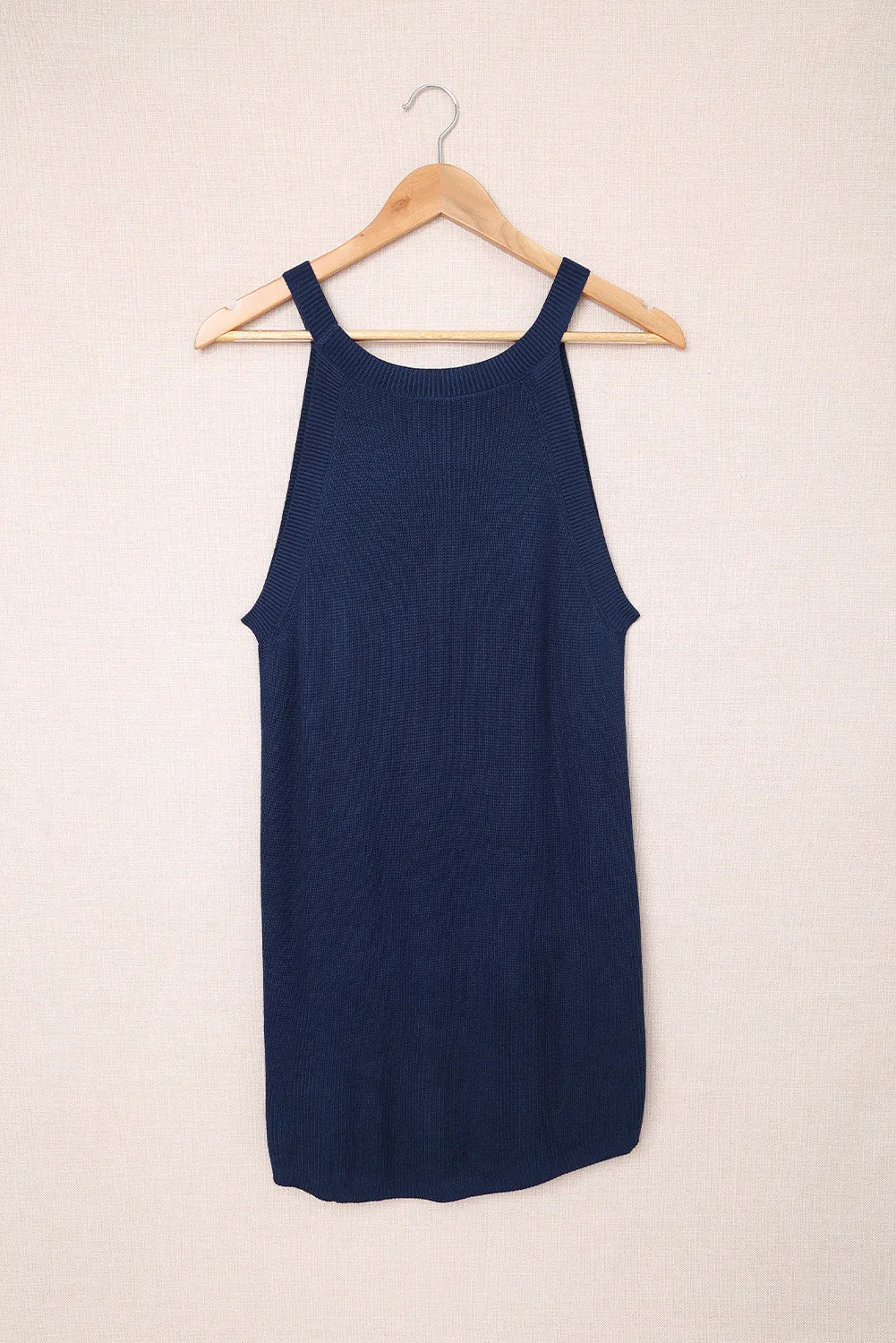 Slim Ribbed Knit Navy Blue Tank Top