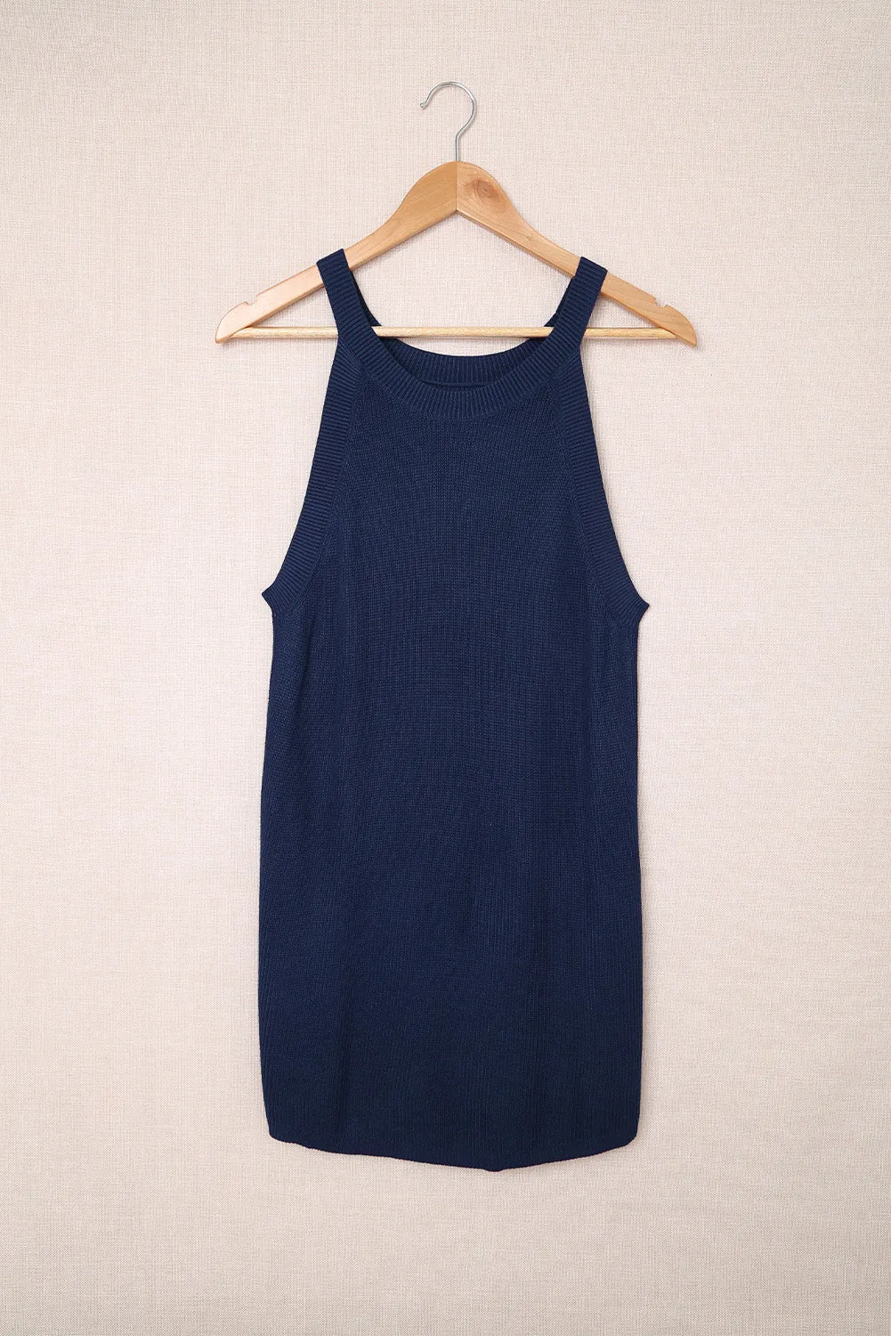 Slim Ribbed Knit Navy Blue Tank Top